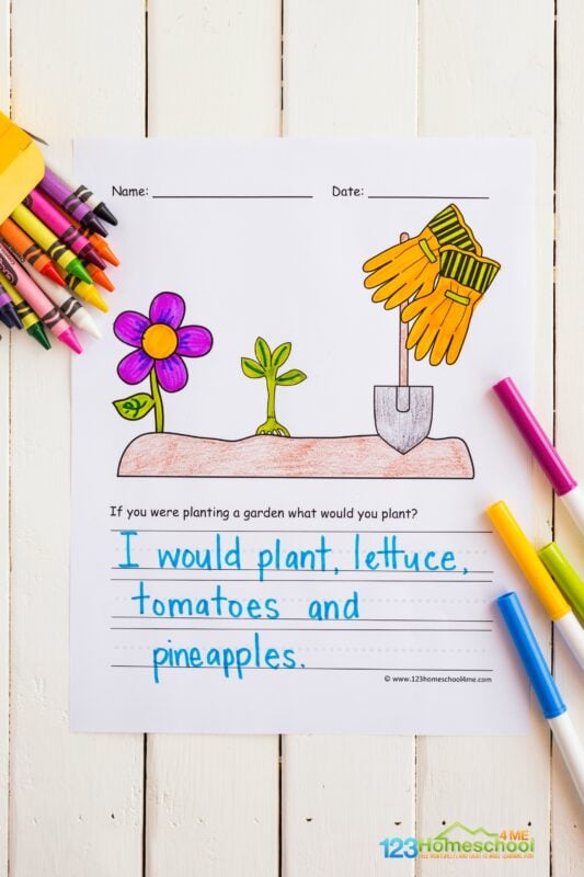 super cute garden creative writing prompts with a spot to color the picture and ruled lines for writing