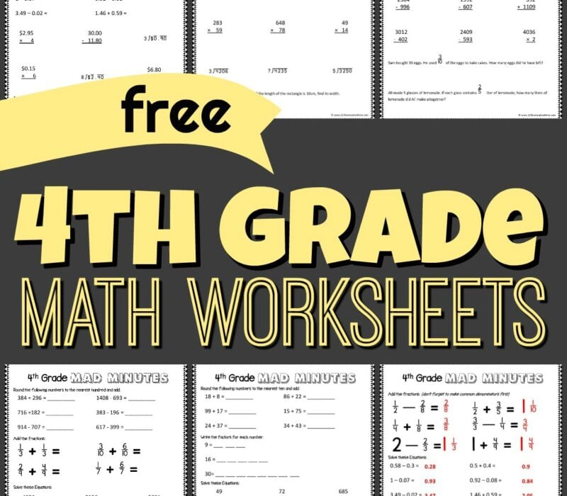 grade 4 math - free printable math pages for practicing multiplicaiton, division, word problems, adding and subtracting fractions, and more