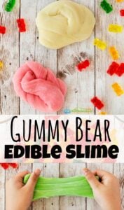 This amazing new gummy bear slime uses actual gummy bears to make this fun-to-play-with edible slime! This edible slime recipe with gummy bears is perfect for toddler, preschool, pre-k, kindergarten, and first grade students. Use it as a kitchen science experiment, play recipe for tactile exploration and sensory activity, use it for a fun rainy day project, or simply use it because it sounds like fun to play with gummy bears today!