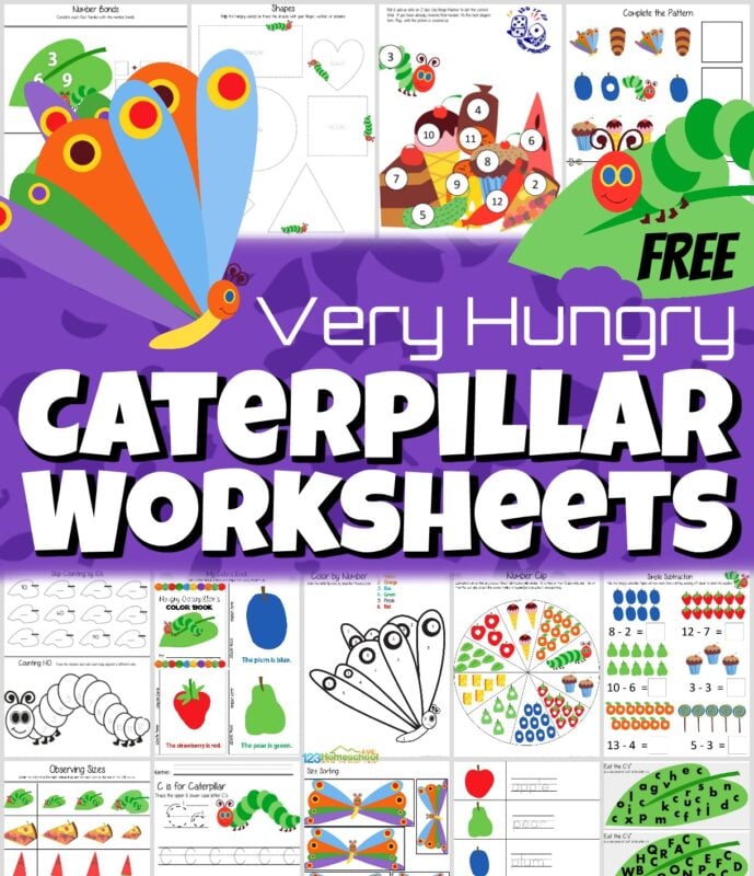 Grab this HUGE pack of the very hungry caterpillar worksheets to help kids will have fun practicing their letters, counting, using scissors, adding, telling time, and so much more. These free preschool worksheets are super cute and such a fun book based activity is perfect to sneak in some fun math and listeracy practice with a cute, hungry caterpillar worksheets. These happy caterpillar themed pages are perfect for toddler, preschool, pre-k, kindergarten, first grade, and 2nd grade students. Simply download pdf file with caterpillar worksheets and you are ready for spring and summer themed worksheets.
