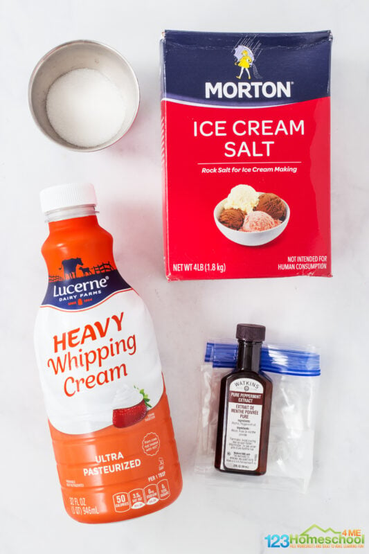 All you need to try this easy summer experiment for kids is the free worksheet at the bottom of the post, ziplock bags, and the ingredients: heavy whipping cream, powdered sugar, vanilla extract and optional pureed fruit or cocoa powder. 