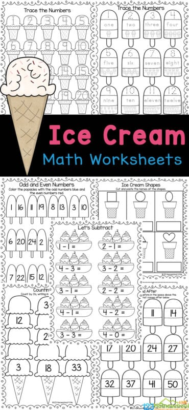 Sneak in some fun summer math with these too cute ice cream math worksheets! This free printable ice cream math pages include a variety of activities for preschool, pre-k, kindergarten, and first grade students. Plus these ice cream math games are so cute kids will be excited for some summer learning with this ice cream activity. Simply print ice cream math activity and you are ready to play and learn!