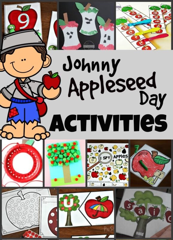These fun Johnny Appleseed day activities help kids celebrate the historical figure that has turned into a tall tale. Use this fun September theme, apple theme,  on Johnny Appleseed Day this Sept 26th. We have lots of fun educational activities for a week-long Johnny Appleseed Theme for preschool, pre k, kindergarten, first grade, 2nd grade, 3rd grade, 4th grade, and 5th grade students.