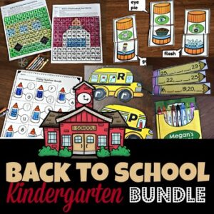 HUGE Back to School Bundle filled with 10 printable activities perfect for the first day of school with kindergartners and grade 1 - math, letter matching, rhyming, phonemic awareness, bingo, coloring pages, about me and more!