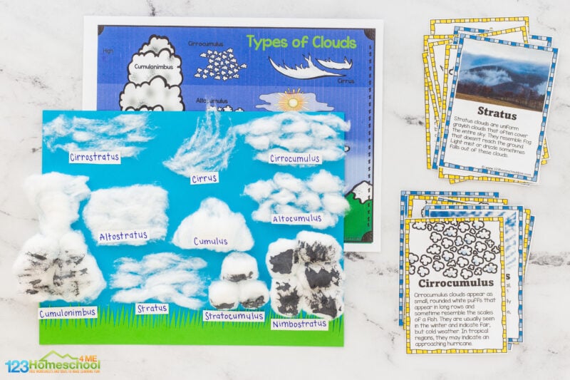 Learn about types of clouds with fun, hands-on activities, free printable worksheets, and crafts perfect for your weather unit!