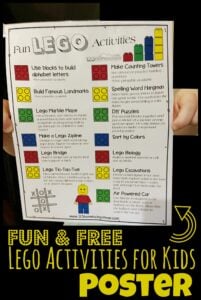 FREE Fun Lego Activities for Kids Poster - super cute free printable kids activities using lego and duplo bricks for toddler, preschool, pre k, kindergarten, 1st grae, 2nd grade, 3rd grade, 4th grade students. So many fun educational activities for a lego day, week, or month