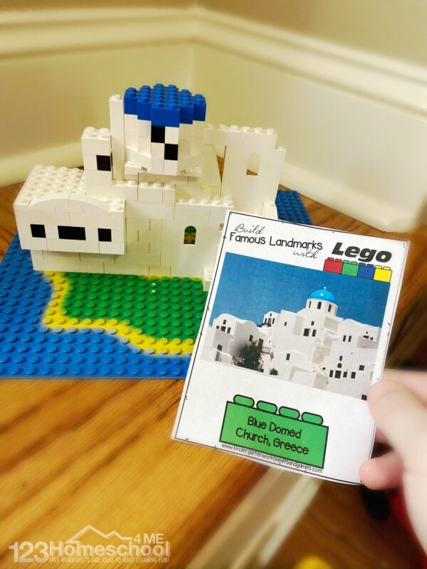 free printable Lego building cards like this one for blue domed church in greece