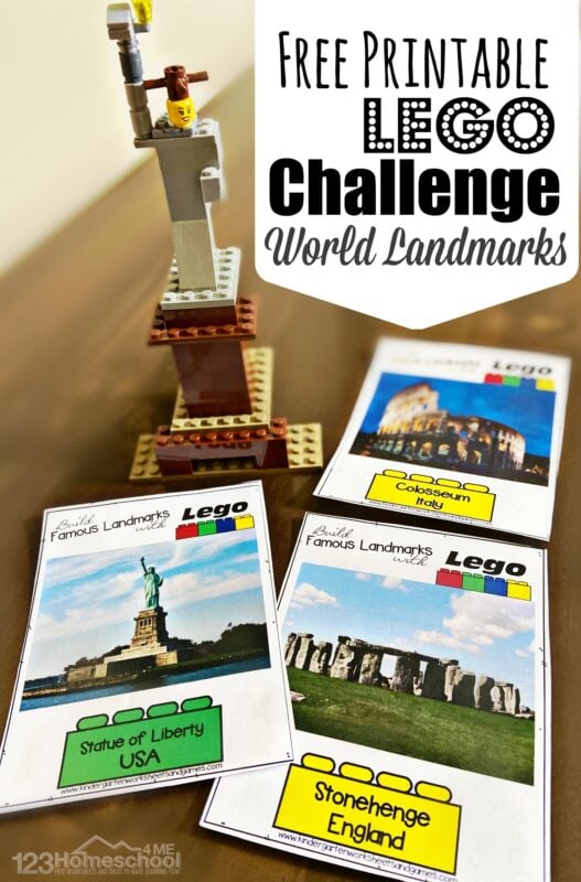 FREE Lego Printables - help preschool, pre k, kindergarten, first grade, 2nd grade, 3rd grade, 4th grade, 5th grade, 6th grade, 7th grade, and 8th grade students learn about famous landmarks around the world with this STEAM challenge. This lego challenge is a fun, engaging, hands-on educational activity.