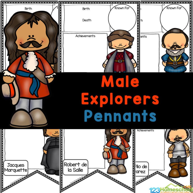 Print free early explorers for kids printable posters to help students research and learn about 13 famous explorers for kids.