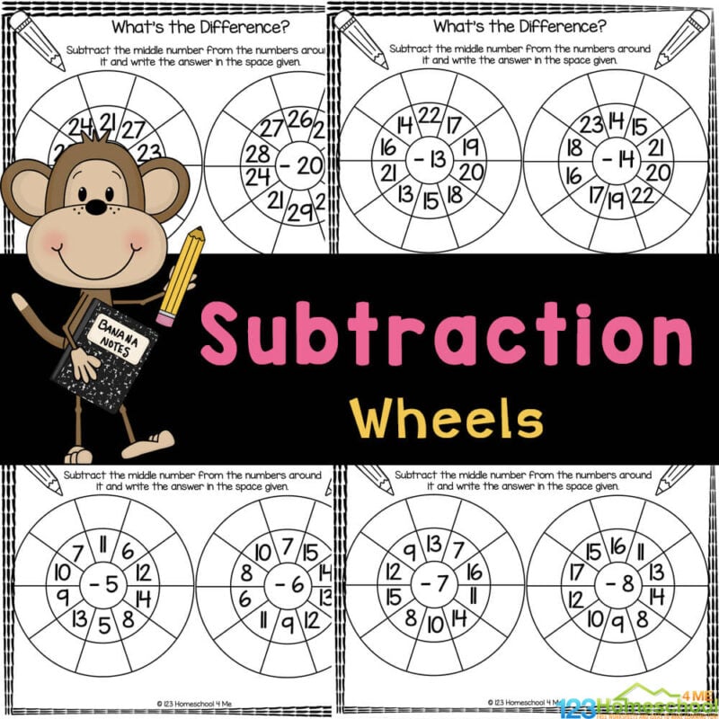 Subtraction wheels are a fun way to practice how to subtract 1-20 with elementary students using handy, no prep subtracting math worksheets.