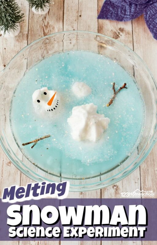 Kids will have fun with this melting snowman where they will melt the snowman using a fun winter science experiment. This snowman activity is perfect for toddler, preschool, pre-k, and kindergarten to sneak in a fun winter STEM activity where they will build a snowman and then melt it with snow science experiments observing simple chemistry for kids.