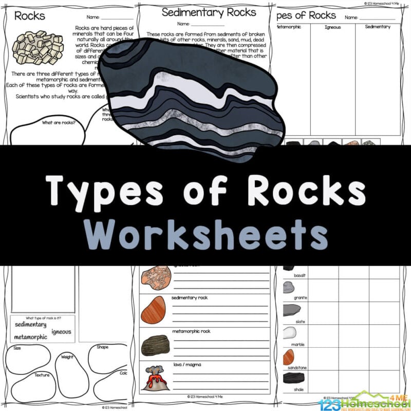 Handy, free printable types of rocks worksheets for learn about igneous, metamorphic , sedimentary rocks, minerals, and rock cycle too.