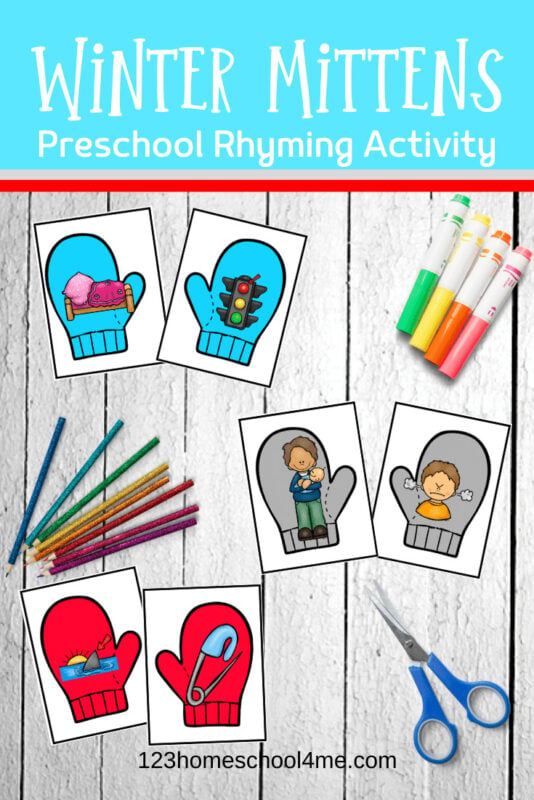 Winter Rhymes - free printablerhyming activity for prek, kindergarten, and first grade kids to improve reading readiness and literacy with a fun winter educational activity #rhying #winterprintable #kindergarten