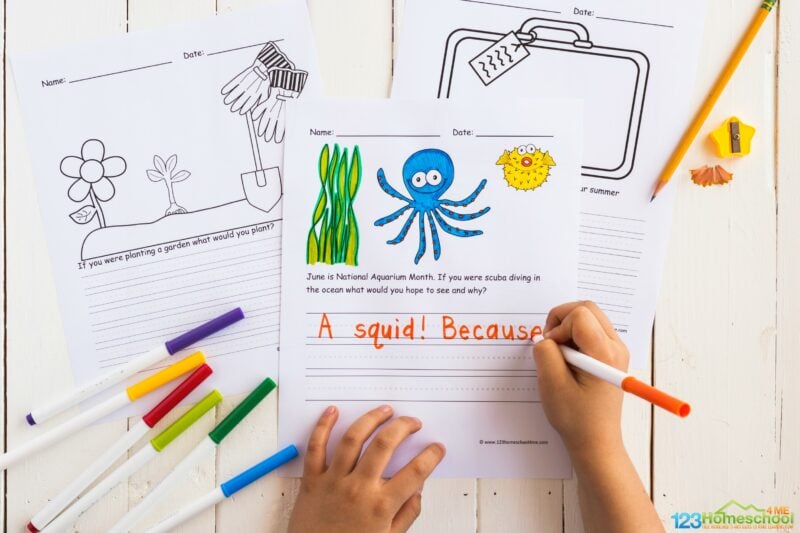 color the cute picture of an octopus, seaweed, and puffer fish and complete the free printable national aquarium month writing prompts for kids