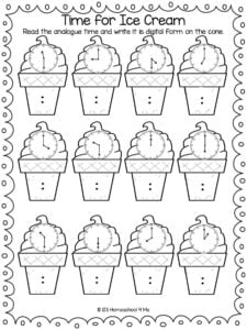 Summer Ice Cream Telling Time on a Clock Worksheet