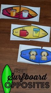 FREE Surfboard Opposite Puzzles - these free printable summer themed opposites puzzles are such a fun way for preschool, kindergarten, and first grade kids. Perfect for summer learning, spring / fall literacy centers! SO CUTE! #opposites #kindergarten #literacy