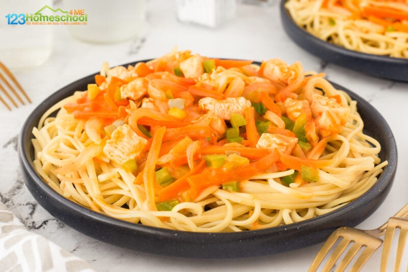 Weekdays can be busy, but dinner doesn't have to be hard. This quick orange chicken pasta is quick and easy. You can throw together this homemade orange chicken in less than 30 minutes. Plus this orange chicken uses a slighly zesty orange chicken sauce you quickly make from scratch. My kids all love this unique way of eating pasta. Skip the traditional tomato sauces or heavy cream sauces - make this pasta with orange sauce for dinner instead!