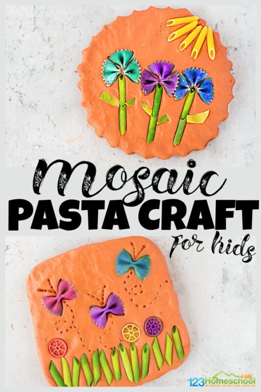 Looking for fun pasta crafts to make with leftover dyed pasta? This super pretty mosaic pasta project allows kids to create beautiful pasta pictures by pressing different colored noodles into clay.  This pasta art is such a fun, engaging craft for kids of all ages from toddler, preschool, pre-k, kindergarten, first grade, 2nd grade, and 3rd graders too.