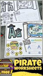 Have fun learning you’re ABCs with this super fun, free printable pirate worksheets. This pirate alphabet learning activity is a great for your toddler, preschool, pre-k, and kindergarten age  students to learn their alphabet letters. On each of the pirate theme abc worksheets is a treasure map to find and color the clipart with the beginning sound featured on the alphabet workheet, alphabet tracing by the pirtae skull and crossbone flag, and find the letter by the treasure chest. This alphabet activity is such a fun, no prep way to learn letters from A to Z. Simply download the pdf file for this preschool pirate theme printables that requires no prep work whatsoever. 