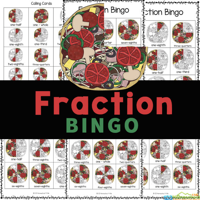 Practice fractions with Fraction Bingo! Pizza fractions is a fun fraction game for kids from one child to a group of 20 students. Download pizza printables!