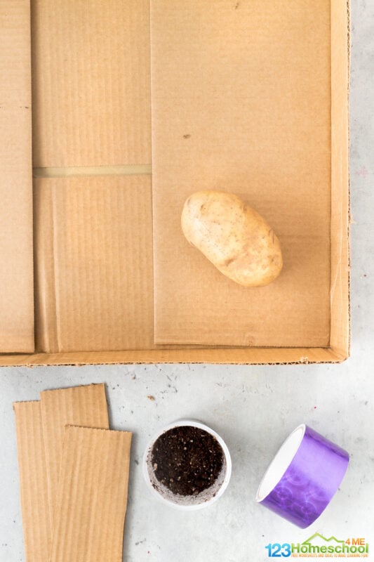 Potato Maze So what do you need to try this potato activity for kids? Just a couple simple materials you probably have laying around your house! box scissors masking tape sprouting potato moist soil small flower pot or container