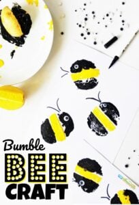 You are going to love this super cute and easy-to-make Bumble Bee Craft for toddler, preschool, pre k, and kindergarten age children! It uses a classic potato stamping technique to get some really pretty bubble bees in this insect craft for kids.