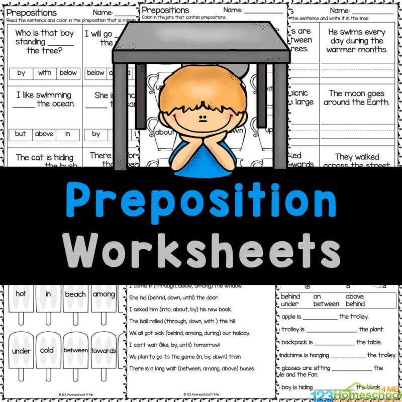 Learn about prepositions for kids with these fun and free printable Preposition Worksheets. No-prep exercise for grade 1, 2, and 3.
