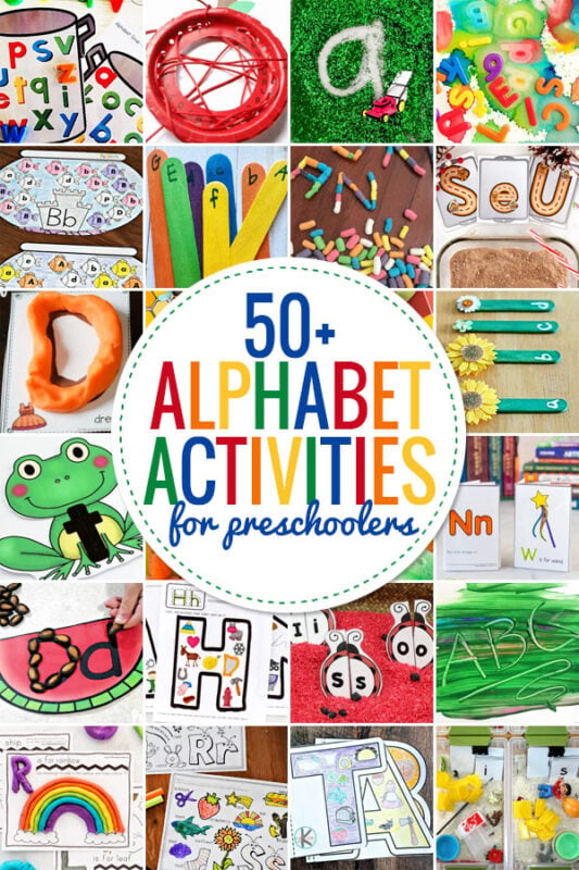 These fabulous preschool alphabet activities are a fun way to introduce letters and literacy learning. From free alphabet printables, hands-on alphabet sensory bin, FUN alphabet activity ideas, free preschool alphabet worksheets, and cute preschool alphabet crafts to make learning ABC from A to Z FUN!  We have tons of ideas for toddler, pre-k, preschoolers, and kindergarten age kids!