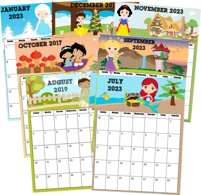 princess printable calendar 2023 for kids