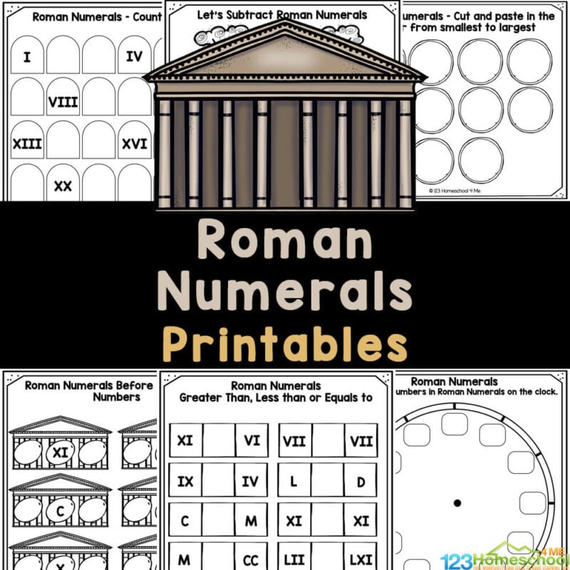Learn Roman numerals with these fun and free Printables. Lots of worksheets with practice exercises for elementary age kids.