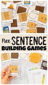 Kids will have fun practing forming sentences with this super cute, smores themed, complete sentence game. This free printable complete sentences game is perfect for first grade and 2nd graders who are learning to form a proper sentece with a capital letter, punctuation, noun and verbs. Simply grab the pdf file with sentence building games and you are ready to play and learn with a sentence game.