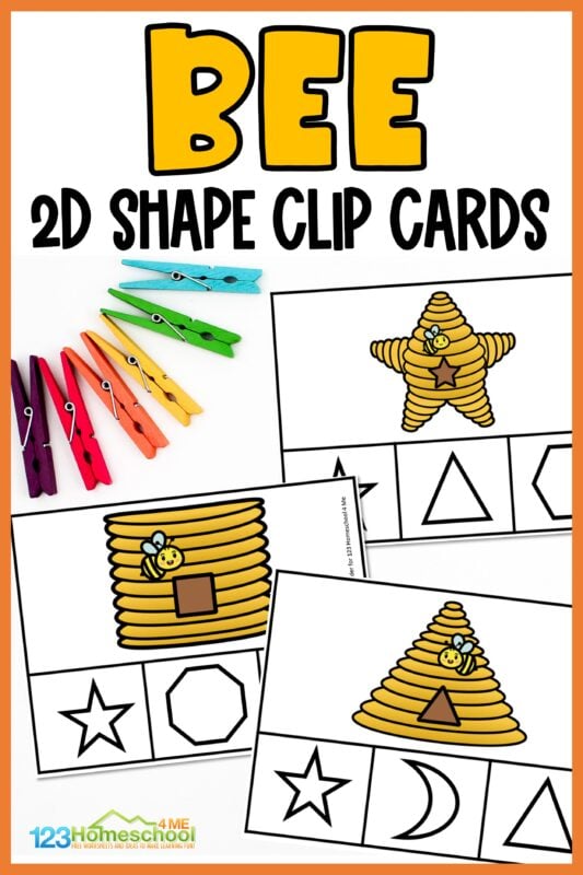 Looking for a fun way to practice 2D shapes with your learners this Spring? This fun and hands-on matching shapes activity features cute bees and their hives. Use the free printable shape clip cards to practice simple shapes with your learners. This low prep activity features a shape matching printable for preschool, pre-k, and kinderagrten students to learn to recognize shapes with a educational, spring activity. 