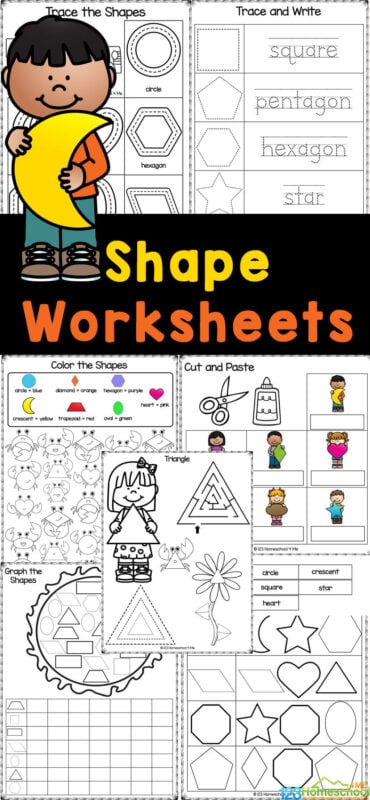 Help young children work on their fine motor skills while learning to form shapes with these free printable Shape Worksheets. These shapes worksheets for kindergarten help students learn 14 shapes including: square. trapezoid, circle, pentagon, triangle, heart, octagon, star, crescent, diamond, parallelogram, rectangle, oval, and hexagon.  Toddler, preschool, pre-k, kindergarten, and first graders will have fun tracing shapes while learning the names of shapes. Simply print shape tracing worksheets and you are ready to play and learn!
