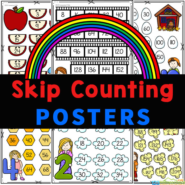 FREE skip counting charts have cute themes for learning to skip count the 1s-15s with your child! These posters are a fun skip counting activity for K-4th!