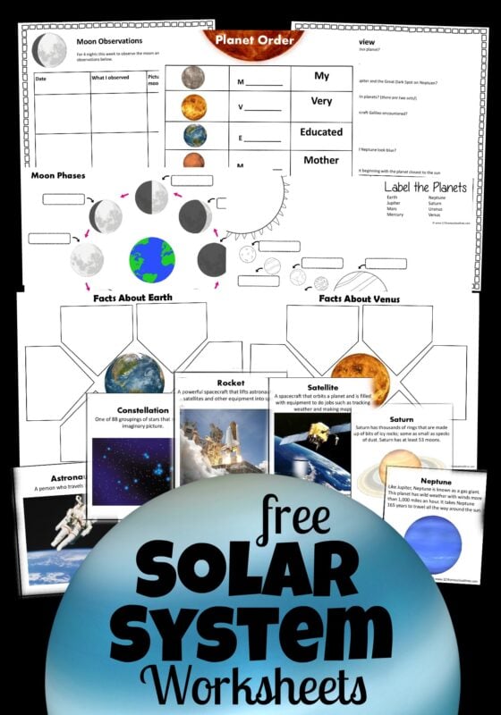 Solar System Worksheets for Kids - Great FREE pack for elementary age kids including moon phases, planets, vocabulary flashcards, vocabulary quiz, planet facts, and more!