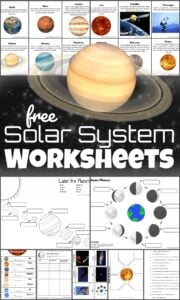 Kids will have fun learning about our solar system with these free printable Solar System Worksheets for kids.  You’ll find solar system vocabulary, planets, sun, stars, moon phases, and so much more! These free worksheets are great for Kindergarteners, grade 1, grade 2, grade 3, grade 4, grade 5, and grade 6 students.