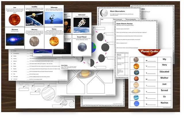 solar system vocabulary cards, moon phases, worksheets, planets, planet order, and more