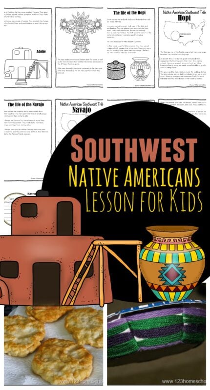 Kids will have fun learning about the indigenous people of North American with this fun, hands on, history for kids lesson. We've included recipes, crafts, free printables and more so you can study Southwest Native Americans for Kids from preschool, pre k, kindergarten, first grade, 2nd grade, 3rd grade, 4th grade, 5th grade, and 6th grade students.