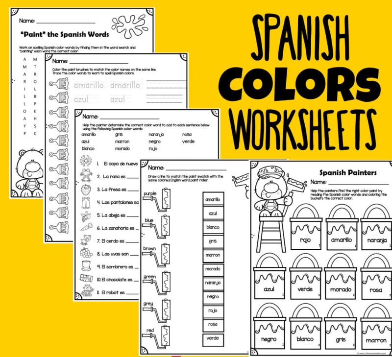 Make learning a second language simple and FUN with this Spanish worksheet for kindergarten set.  These Spanish color worksheets allow children to easily learn the names to spanish colors: blanco, negro, gris, amarillo, naranja, rojo, rosa, verde, morado, and marrón.  Whether you are working to learn spanish colors with kindergarten, first grade, 2nd grade, 3rd grade, elementary age kids, or adults - these spanish worksheets for beginners are sure to make it fun! Simply print the free spanish worksheets pdf and you are ready to go!