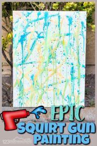 This EPIC summer activities for kids uses a really fun technique to make squirt gun painting! This water gun painting is such a fun summer art project for toddler, preschool, pre-k, kindergarten, first grade, 2nd grade, 3rd grade, and 4th graders. The squirt panting is as much fun to make as it is to look at afterwards with the unique patterns. This Summer Painting for kids is a MUST for your list of summer activities for preschoolers!