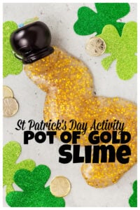 Get ready for a REALLY fun st patricks day activity with this gold slime! It is super quick and EASY to make this gold glitter slime that looks so cool as it oozes, stretches, and drips. Use this outrageously FUN st patrick's day activities for toddlers, preschoolers, kindergartners, grade 1, and grade 2 students! But watch out or sneaky Leprechauns may try to steal your gold!