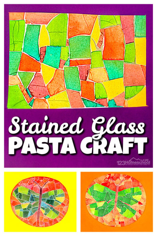 Looking for a fun, engaging pasta craft? This pretty stained glass pasta project has so many different possibilities to let your children explore their creativity, create something unique and beautiful, and strengthen coordination with those little hands. In this pasta art you will use dyed pasta to creat a beautiful stained glass craft. This stained glass art for kids is perfect for toddler, preschool, pre-k, kindergarten, first grade, and 2nd graders.
