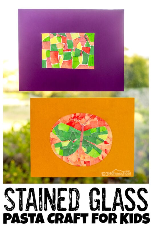 Super EASY and BEAUTIFUL pasta craft! Make a pretty stained glass art for kids with dyed pasta to create pasta art for your window!