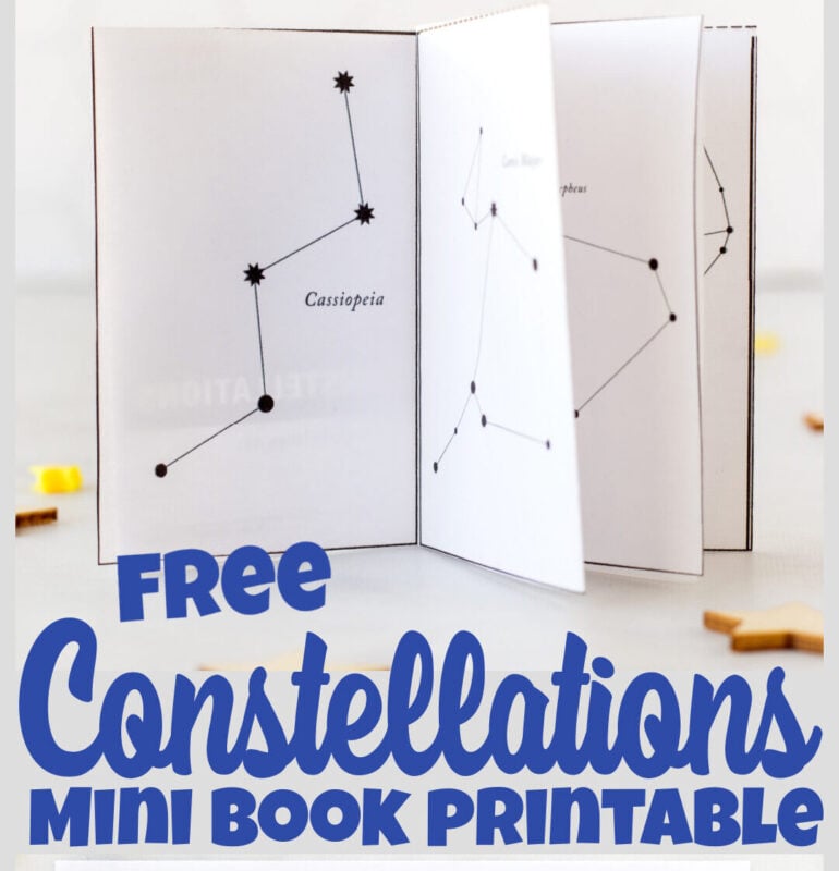 Teach kids about stars for kids and all the amazing patterns the stars make with this free printable constellation booklet.  Simply print pdf file and print the pages. Follow directions to make a constellations worksheet that teaches preschool, pre-k, kindergarten, first grade, 2nd grade, 3rd grade, and 4th grade students about constellations for kids. This free constellation printables pdf is handy for teaching elementary school children about our solar system for kids.