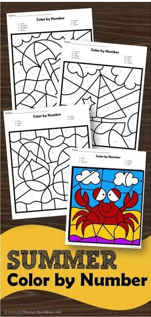 Sneak in some FUN summer theme learning with these summer color by number! These free summer color by number are great for preschool, pre-k, kindergarten, and first grade students. Not only will children practice identifying numbers 1-20, but they will strengthen  their fine motor skills with these summer worksheets preschool. Simply download pdf file with color by number summer and you are ready to play and learn with a NO PREP summer activity for preschoolers.