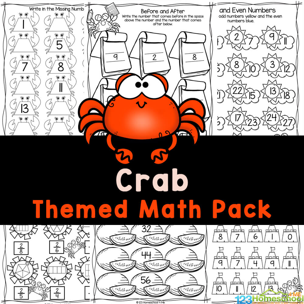 Summer Crab Math Worksheets for Preschool and Kindergarten
