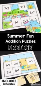 Looking for a hands-on summer math activity to practice adding? These super cute and clever addition puzzles use free printable addition worksheets to sneak in some summer learning with kindergarten, first grade, and 2nd graders too.  These summer worksheets for kindergarten are easy to prep and learners can practice addition to 20 while having fun at the same time. Simple print the addition to 20 worksheets and you are ready to go!