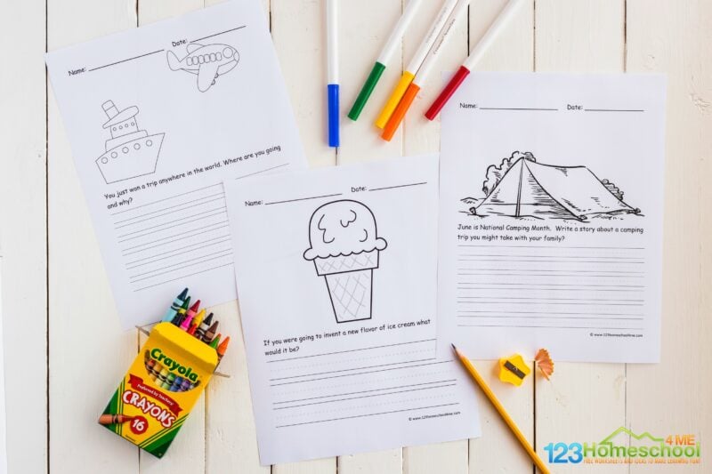 free printable Summer Writing Prompts for kindergarten, first grade, 2nd grade, 3rd grade, and 4th grade students for june, july and august