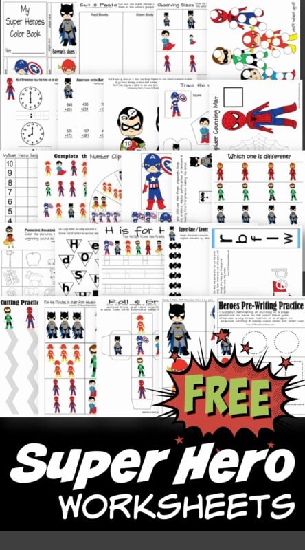 FREE Superhero worksheets - these free printable Super Hero printables are super cute to help toddler, preschool, prek, kindergarten, first grade, and second grade kids practice alphabet letters, clocks, counting, addition, word families, and so much more! #worksheetsforkids #preschool #superhero