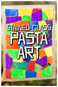 Looking for a fun, engaging pasta craft? This pretty stained glass pasta project has so many different possibilities to let your children explore their creativity, create something unique and beautiful, and strengthen coordination with those little hands. In this pasta art you will use dyed pasta to creat a beautiful stained glass craft. This stained glass art for kids is perfect for toddler, preschool, pre-k, kindergarten, first grade, and 2nd graders.